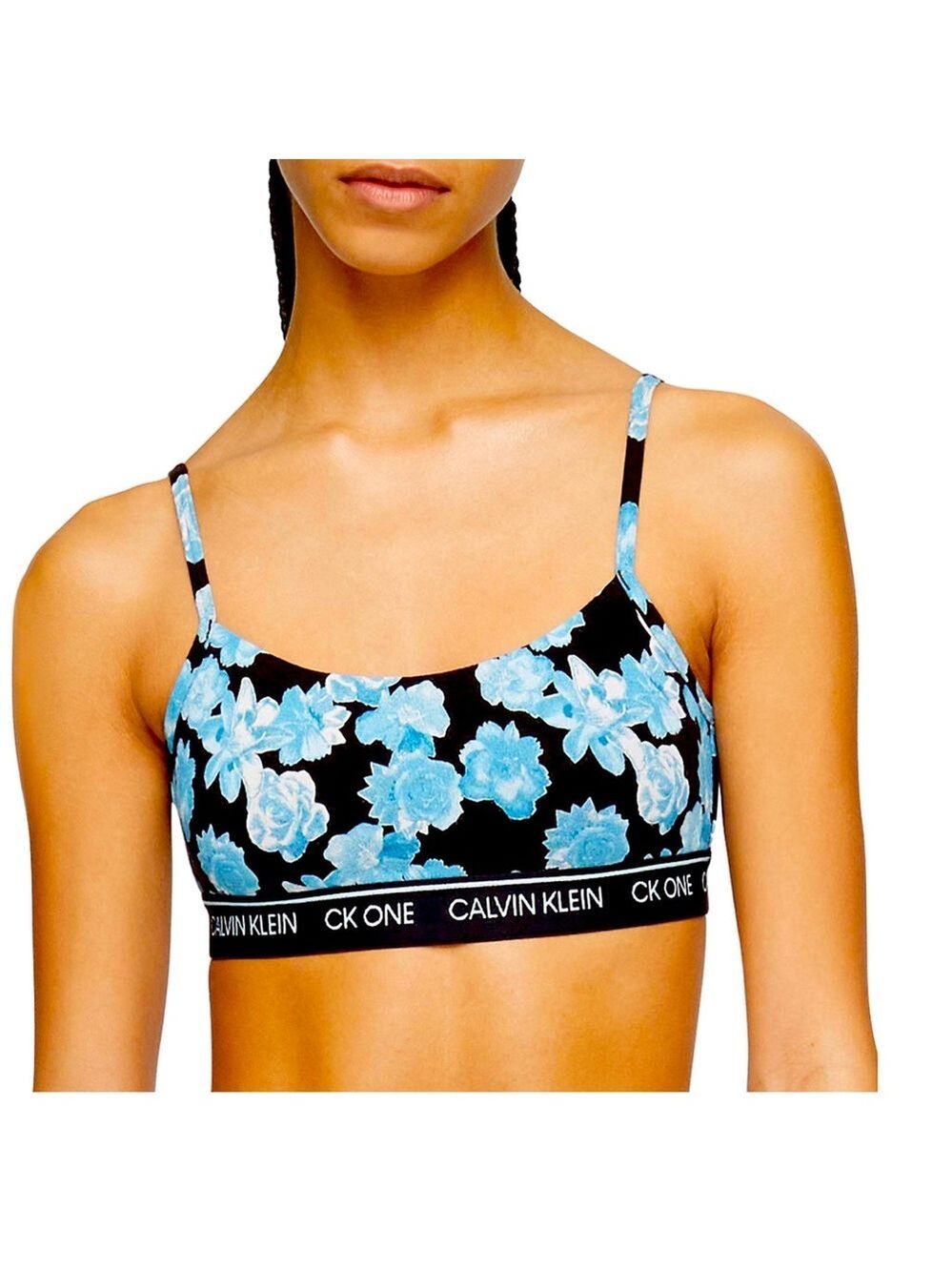 NWT Calvin Klein CK One Unlined Bralette, Floral Blue and Black